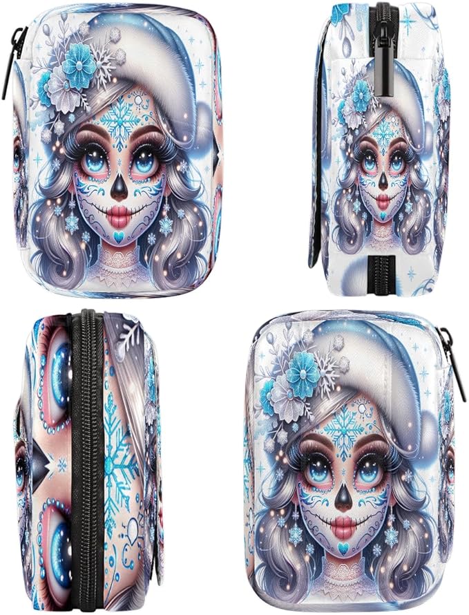 Winter Sugar Skull Girl Travel Pill Organizer Box Weekly Portable Pill Case Daily Pills 7 Day Small Birth Control Pills Container Removable Compartments for Medicine Vitamins Fish Oil