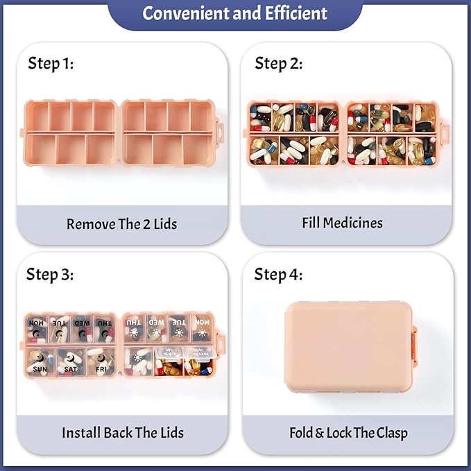 Foldable & Portable Weekly Pill Organizer 2 Times a Day with Clear Printed Labels - 7 Day AM PM Medicine Box, Week Daily Travel Pill Meds Case Holder for Medications, Vitamin, Supplement - Pink