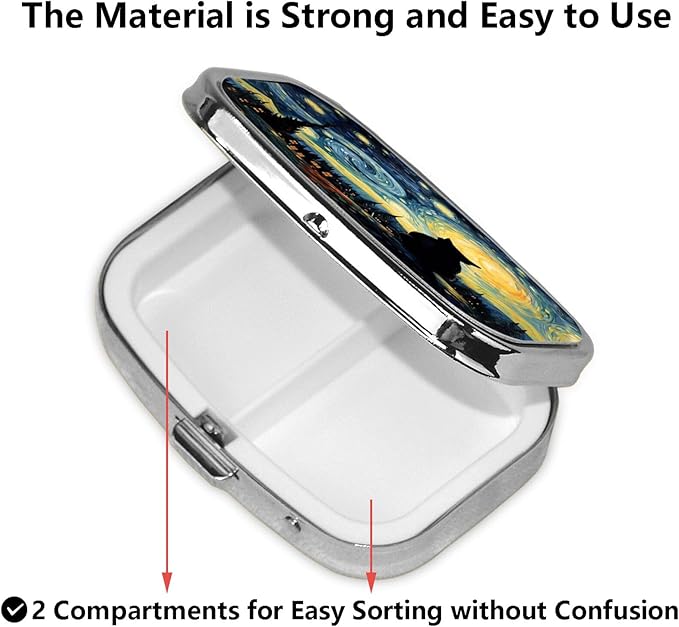 ABLESKY Pill Box, 2 Compartment Pill Organizer Case for Pocket or Purse, Small Portable Metal Travel Medicine Box with Mirror, Daily Vitamins Fish Oil Container-Starry Sky Cat