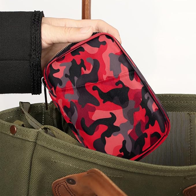 Abstract Red Camouflage Travel Pill Organizer Box Weekly Portable Pill Case Daily Pills 7 Day Small Birth Control Pills Container Removable Compartments for Medicine Vitamins Fish Oil