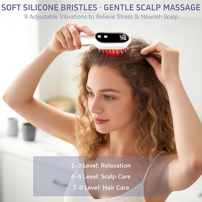 Karrong Hair Scalp Massager Comb, Red Blue Light Therapy Hair Care Brush, Automatic Vibrating Head Massage Comb for Men & Women