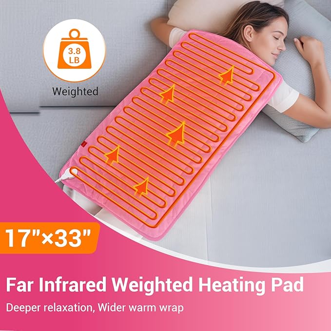 Comfytemp Far Infrared Large Heating Pad 17"×33" for Deeper Back & Period Relaxation, Weighted Electric Heat Pad with Evenly Filling Ceramic Bead for Better Fit, Mothers Day Gifts, XL Heated Pad, Pink
