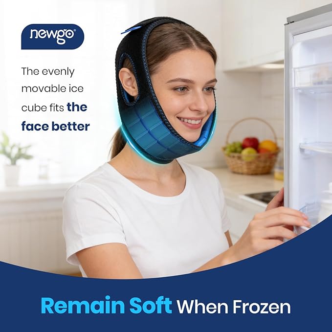 NEWGO Wisdom Teeth Pain Relief Ice Pack for Face Oral Surgery Recovery, Long Lasting Cold Face Wrap with Face Contoured Design for TMJ Relief, Tooth Extraction, Jaw Discomfort