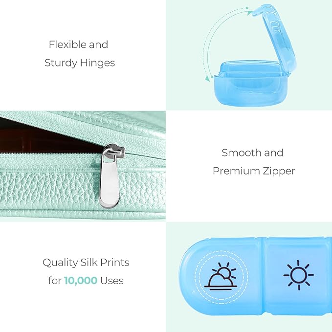Cute Pill Organizer 3 Times a Day, Large Daily Pill Case for Women, Portable Pill Box 7 Day for Purse with Bag & Zipper to Hold Vitamins, Medications, Fish Oils, Supplements (Cyan Blue)