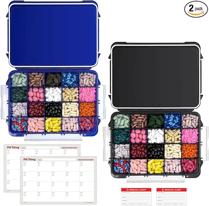 20 Compartment UV Protected Large Pill Case Set with Airtight Seal, Spill Proof, Silicone Gasket Waterproof Med Box with Medication Map & Medical Alert Card (Combo Pack - 1 Black & 1 Blue)
