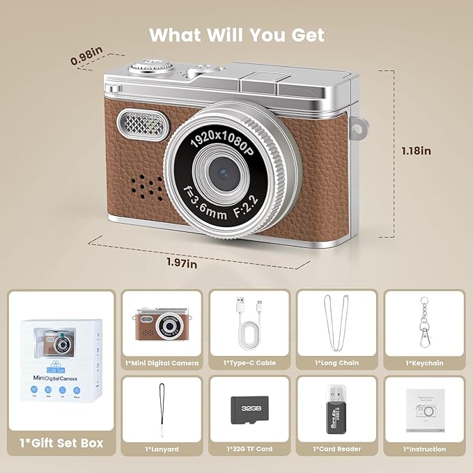 Mini Digital Camera Keychain, 1080P Y2k Keychain Camera with 0.96" Screen, Portable 20g Vintage Camcorder for Vlogging, Travel, Concerts and EDC, Retro Tiny Video Camera with Flash, 32G SD Card,Type-C