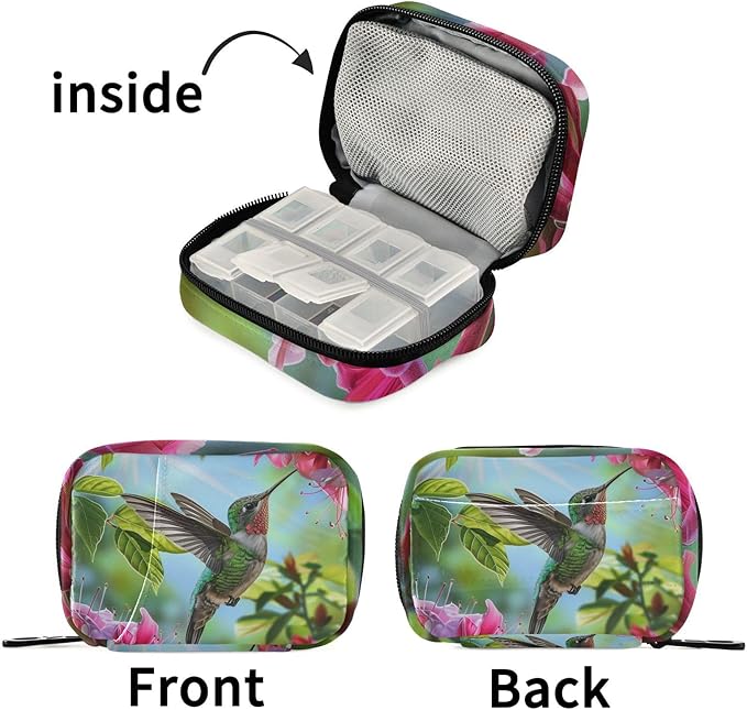 Pill Box Hummingbird Flower Bird 7 Day Pill Case Travel Pill Organizer Bag with Zipper Portable Weekly Vitamin Medicine Supplement Holder Pouch Bag