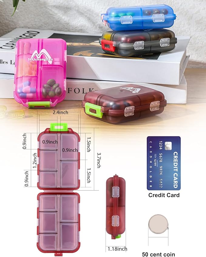 4PS Travel Pill Organizer with 164 Slice Labels，10 Compartments Travel Pill Box Portable Folding Small Pill Case Daily Pill Container Used for Carry Storage Medicine Organizer By M MUchengbao