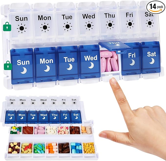 Shintop Weekly Pill Organizer 2 Times a Day, Easy Fill Am Pm Pill Box 7 Day Push Button Medicine Holder Daily for Vitamins Supplements(Blue & White)