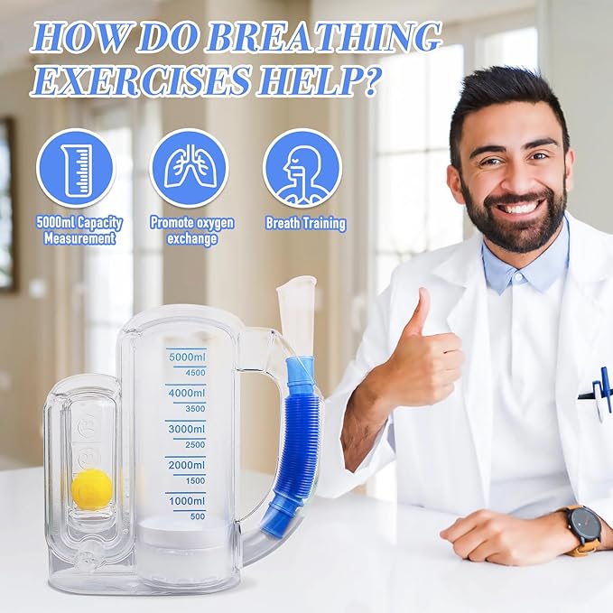 Incentive Spirometer Adult,Breathing Exercise Device for Lungs,Deep Breathing Trainer for Children and Adult,5000ml Volume Measurement with Flow Rate Indicator.