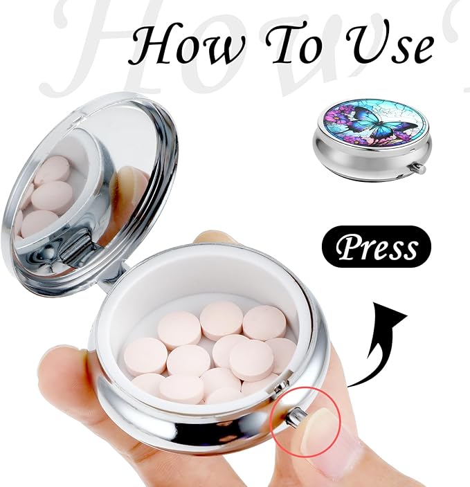 Sibba Portable Medicine Pill Case, Travel Multi-Functional Moisture Proof Pill Box for Purse & Pocket, Cute Metal Medicine Pill Organizer Box for Vitamins, Fish Oil & Supplements (Butterfly)