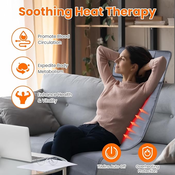 KOCASO Full Body Electric Massage Mat with Heat Vibration Massage Pad Cushion Back Massage Mattress Chair Pad with Neck Massage Pillow with 10 Vibration Motors Timer for Home Office/53.14*19.68 inch