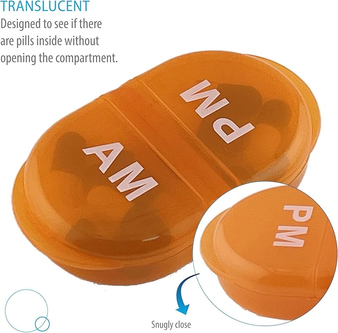 Deke Home - Pill Organizer AM PM, 2 Compartment Pill Box for Pocket or Purse, Small Daily Medicine Case, Travel Pill Holder, Easy Open Pill Container for Seniors, Vitamins & Supplements (Orang)