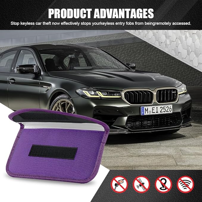 2PCS Faraday Bags for Car Key and Cell Phone, Signal Blocking Bag, Faraday Key Fob Protector, Universal Cell Phone Privacy Card Protection Car Accessories for Anti-Thefting (Khaki+Purple)