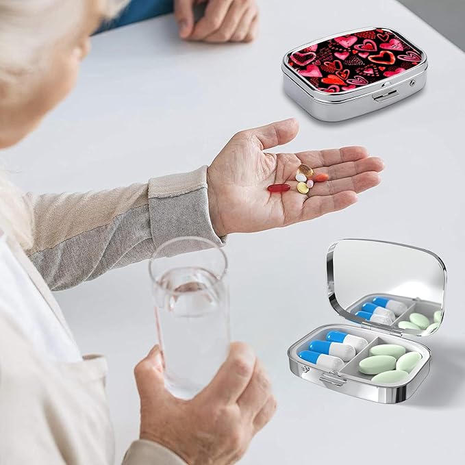 Pill Box-2 Compartment Small Pill Case Square Organizer Case with Mirror Portable Metal Medicine Box Travel Container for Pocket & Purse Women Men（Red Heart）