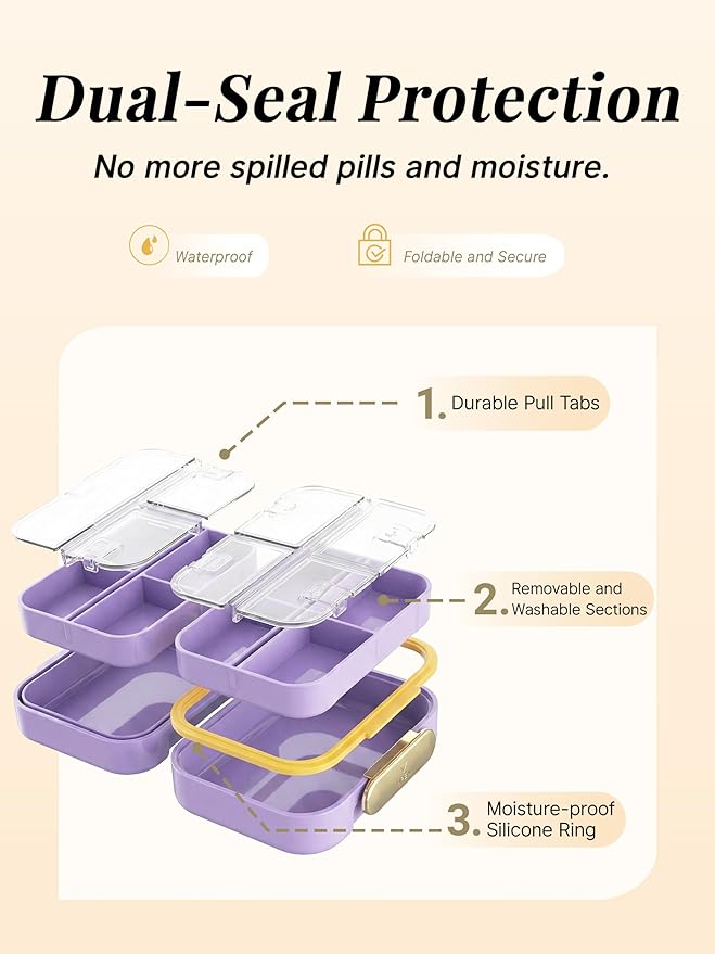 Small Pill Case Travel Pill Box with 7 Compartments for Purse - Compact Pill Organizer for Medicine Vitamin - Portable Container for Supplements & Fish Oil - Lavender