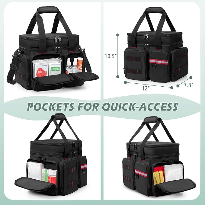 Medicine Organizer Bag with Insulated Pocket for Travel, Pill Bottle Storage Bag with 4 Customized Dividers & Shoulder Strap for Medication, Insulin and First Aid Supplies, Black (Bag ONLY)