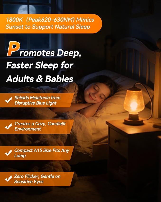 1800K Amber Sleep Light Bulbs, 99.96% Blue Light Blocking, A15 6W(40 Watt Equivalent) Soft Warm Light Bulbs, Eye-Caring Amber Soft Yellow Night Light E26 for Bedroom, Reading, Baby Nursery, 2 Packs