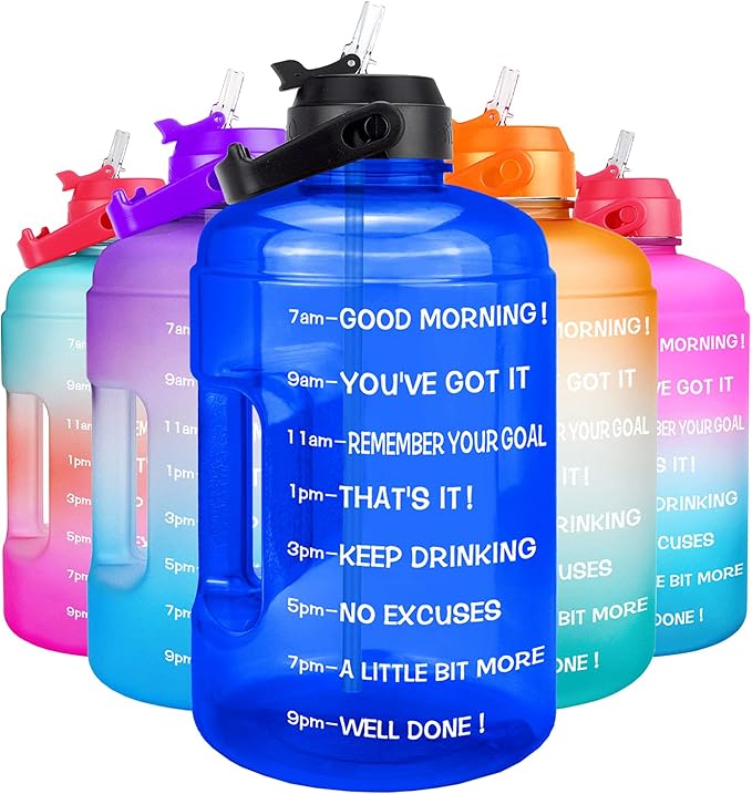 QuiFit 1 Gallon Water Bottle - with Straw & Motivational Time Marker Leak-Proof BPA Free Reusable Gym Sports Outdoor Large(128OZ/73OZ) Capacity Water Jug