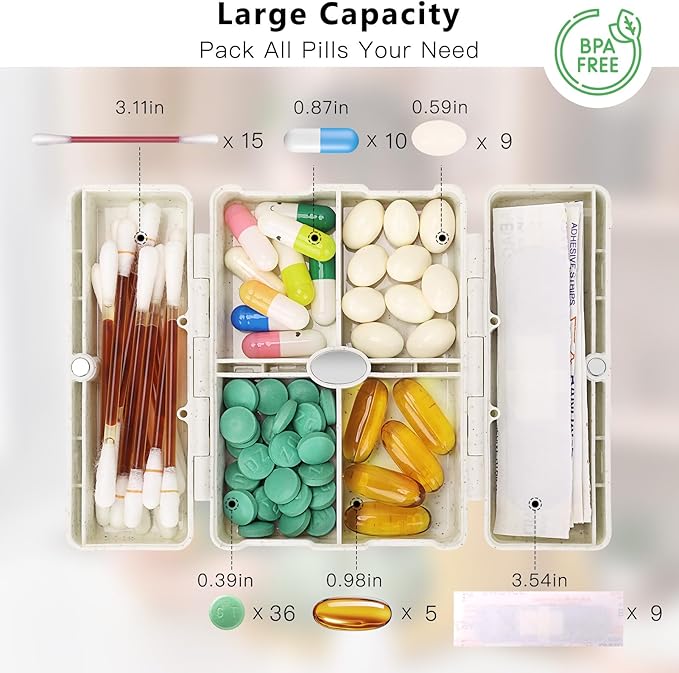FYY Travel Pill Organizer with Blank Lables,6 Compartments Magnetic Pill Organizer Pill Box for Purse Pocket to Hold Vitamins,Cod Liver Oil,Supplements and Medication-Beige