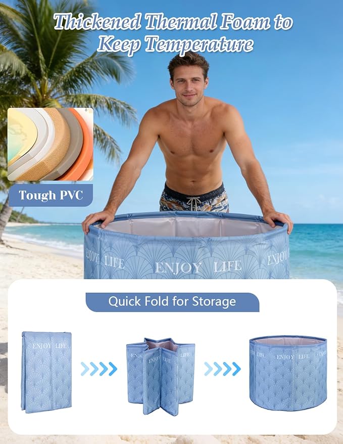 Portable Bathtub for Adults, Collapsible Freestanding Bathtub for Shower, Hot Ice Bath Tubs with Thickened Thermal Foam to Keep Temperature, PVC Outdoor Soaking Tub (Blue)