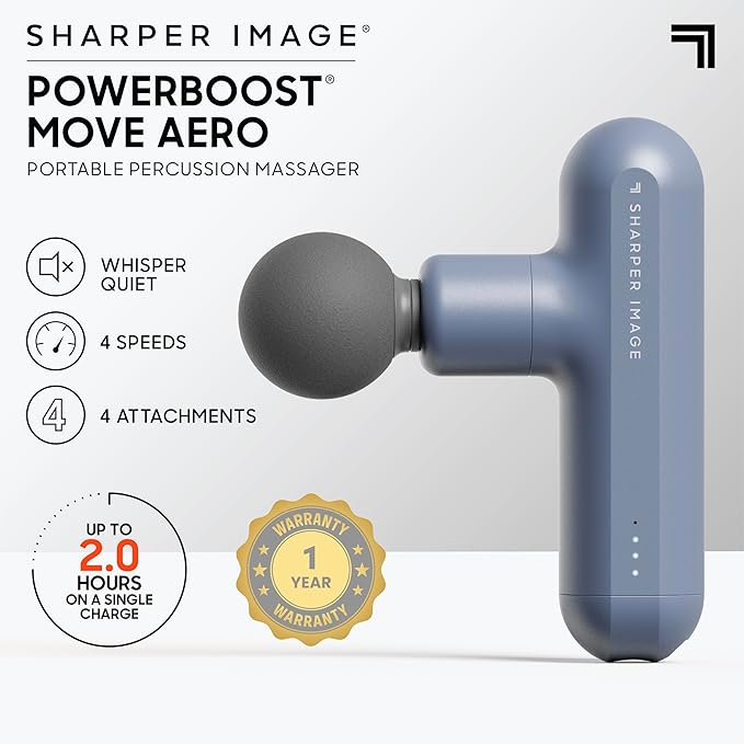 Sharper Image Powerboost Move Aero [New 2026 Version] Mini Deep Tissue Percussion Massage Gun| Muscle Recovery & Pain Relief Massage Tool| Full Body Back & Shoulder Massager| Gift for Men Women