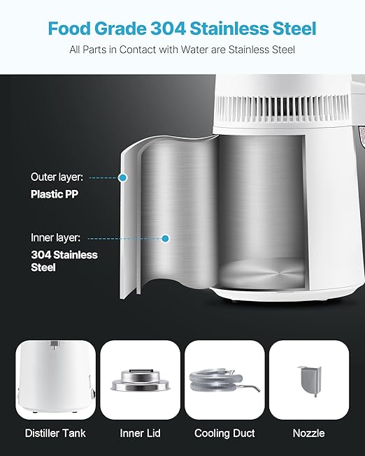VEVOR Water Distiller, 6L/1.6 Gallon Large Distilled Machine, 900W Distilling Water Maker, 304 Stainless Steel Interior Stiller with Plastic Container, Countertop Distiller for Home, White