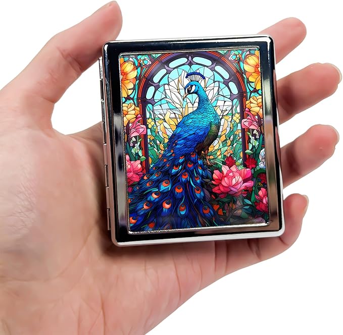 Travel Pill Organizer Small Pill Case for Purse Essentials 7 Days Cute Pill Box with Mirror Portable Pill Box for Pocket or Purse Pill Containe Travel Gifts (Peacock Stained Glass)
