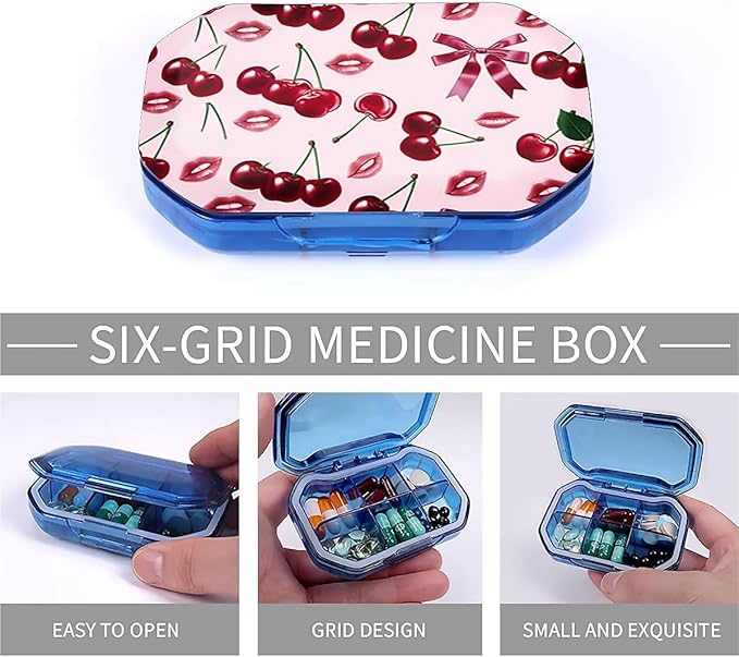 This Portable Pink Cherry Lip Print Pattern 6-Compartment Pillbox Can Be Placed in A Pocket Or Wallet to Store Vitamins, Medicines Fish Oil Health Supplements Other Medications.