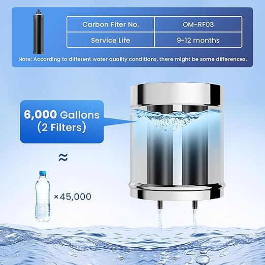 Gravity Water Filter System, 2.25G Stainless Steel Countertop System Water Purifier, Reduce 99% Chlorine for Home Camping Backpacking RVing, 2 Carbon Filters