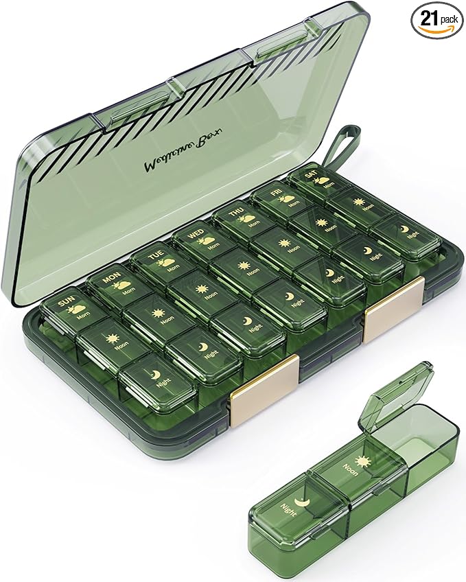 Weekly Pill Organizer 3X a Day, Large 7 Day Pill Box 3 Times a Day with 7 Compartments, Portable Travel Daily Pill Box for Medication, Vitamins, Fish Oil and Supplements, Green