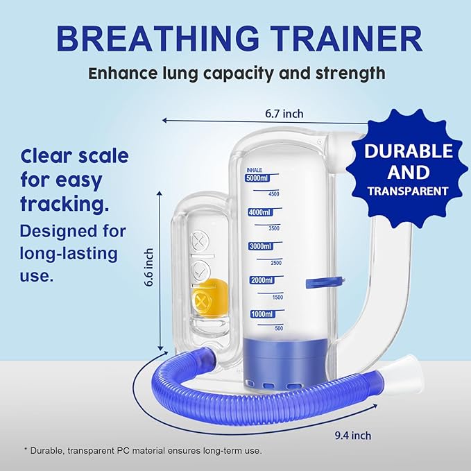 Incentive Spirometer Adult, Breathing Exercise Device for Lungs, 5000ml Capacity for Deep Inhalation, Durable Medical-Grade PC Material | Airflow Indicator for Steady Inhalation Practice