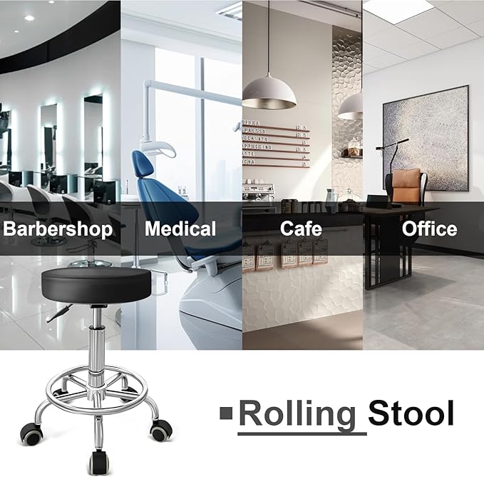 PU Leather Rolling Stool with Foot Rest Round Height Adjustment Swivel Spa Drafting Salon Tattoo Work Office Massage Vanity Stools Task Chair (Black)