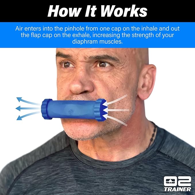 O2Trainer Breathing Muscle Training Device | Lung Power & Endurance Tool for Athletes, Singers & High-Altitude Performance | Diaphragmatic Respiratory Trainer | 16 Resistance Caps
