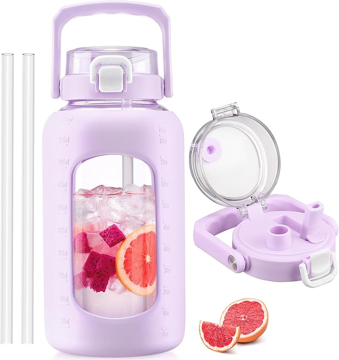 BLUEGO 84oz Glass Water Bottle with Straw and Handle, Large Water Bottle with Sip & Chug Lid, 2.5L Water Jug Silicone Sleeve with Time, Full Day Drinking Bottle for Sports BPA Free, Purple