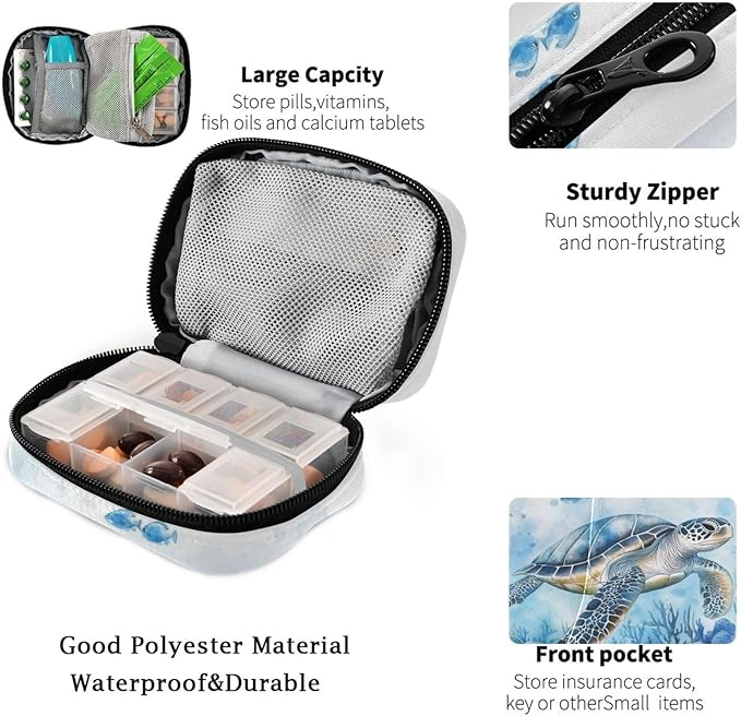 Fustylead Watercolor Sea Turtle and Coral Pill Organizers 2 Times A Day Pill Case Bag with Zipper Portable Weekly Pill Dispensers for Vitamin Supplement