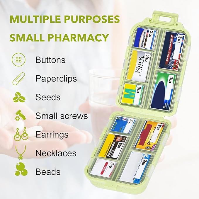 Large Travel Pill Organizer with Medicine Labels, 10 Compartments Travel Medicine Organizer Daily Pill Container Travel Pill Box Purse Pill Case (Yellow, 189 Lables)
