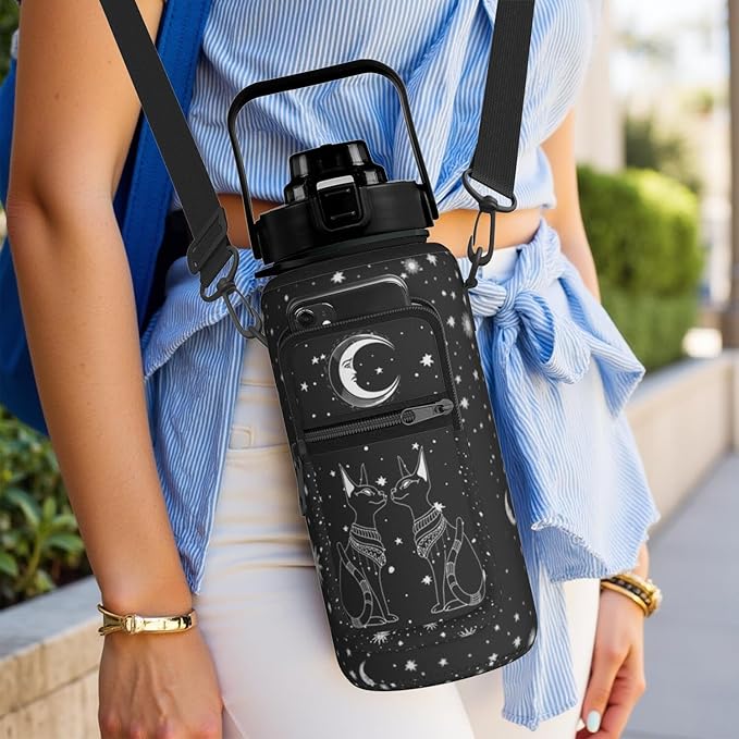 Goth Black Moon Half Gallon Water Bottle with Sleeve -Flip Top Bpa Free 64 OZ - Motivational Time Marker Leakproof Water Jug - Goth Gifts for Women - Halloween Moon for Gifts