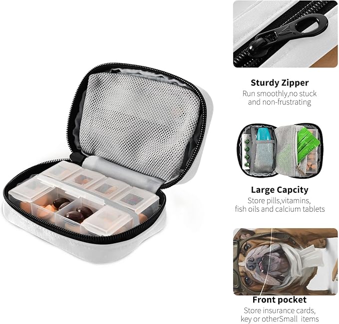 English Bulldog Aviator Pill Medicine Organizer Case 7 Day, Cute Travel Pill Box Purse Bag with Zipper, Portable Weekly Vitamin Supplement Holder