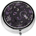 Purple Black Goth Spooky Printed Round Travel Pill Box Cute Small Metal Pocket Pill Case for Men & Women 3 Compartment Portable Pill Organizer for Purse or Pocket