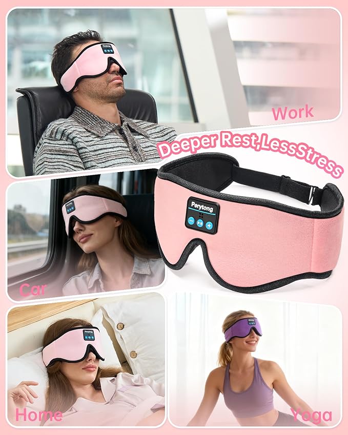 Sleep Mask with Bluetooth 5.4 Headphones, Wireless Music Sleep Eye Mask for Side Sleepers, 3D Contoured Comfort & Built-in HD Stereo Earphones, Blackout for Travel (Peach Pink)