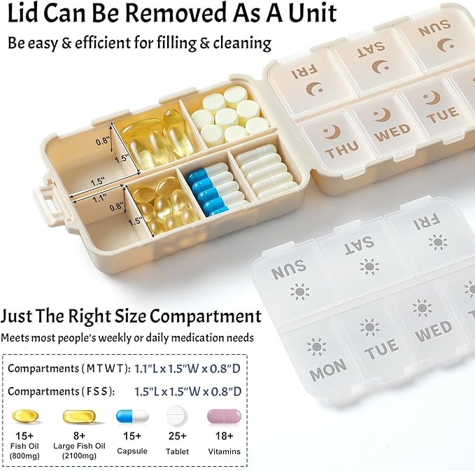 NEW Foldable & Double Protection Portable Weekly Pill Organizer 2 Times A Day with Etched Labels, AM PM 7 Day Week Medicine Box, Daily Travel Pill Case Holder Dispenser for Vitamin, Supplement - Khaki