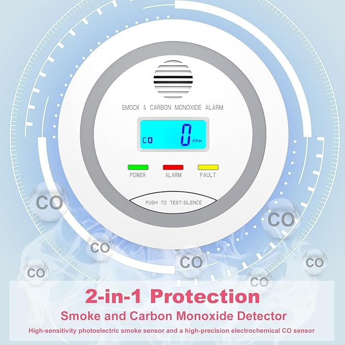 Smoke and Carbon Monoxide Detector, 2-in-1 Combo Alarm, Battery Operated Smoke Detector & CO Alarm with LCD Display, Dual Sensor Smoke Alarm &CO Sensor, Easy to Install,85db Sound