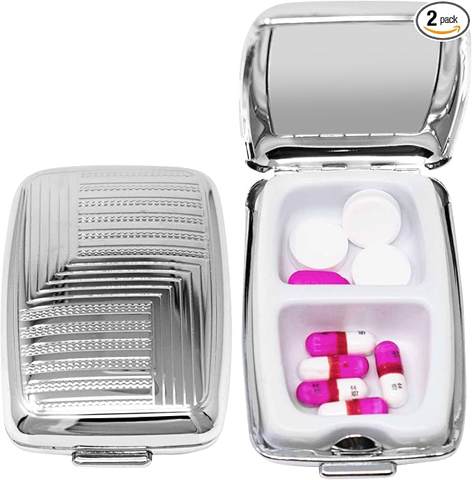 Set of 2 Etched Rectangular Pocket Purse Pill Box & Organizer with Dual Compartments (Waves - Engravable)