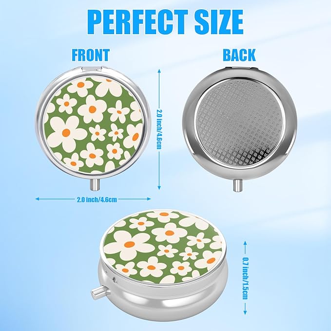Green Groovy Flower Pill Case, Pill Box 3 Compartments Metal Small Pill Holder with Mirror Mini Travel Pill Container for Purse Pocket Women Men