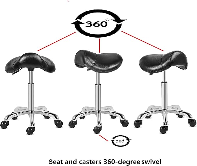 Kaleurrier Saddle Stool Rolling Swivel Height Adjustable with Wheels,Heavy Duty Stool,Ergonomic Stool Chair for Lab,Clinic,Dentist,Salon,Massage,Office and Home Kitchen (Black, Without Back)