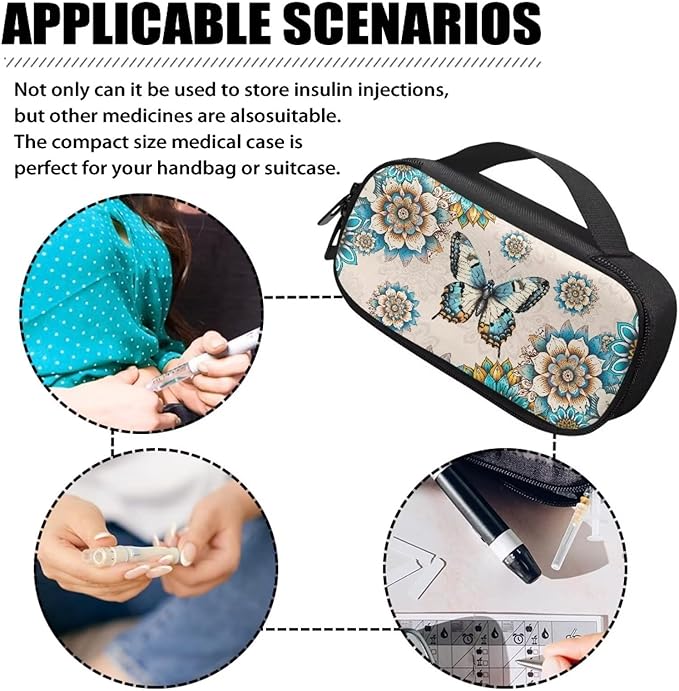 Bohemia Butterfly Insulin Pen Cooler Travel Case with Handle Daily Life and Trip Storage Bag for Glucose Meter, Test Strips, Lancets & Diabetic Supplies, Easy to Carry