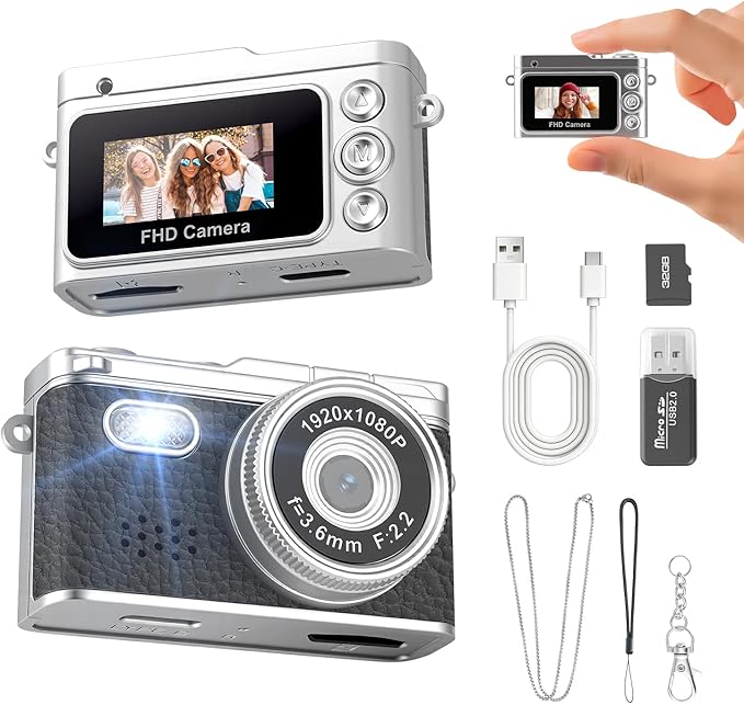 Retro Keychain Camcorder, 1080P Mini Keychain Camera with 32G SD Card, Tiny Video Thumb Camera with 0.96" Screen, Teens Portable 20g Pocket Digital Camera with Flash for Vlogging, Travel, and EDC