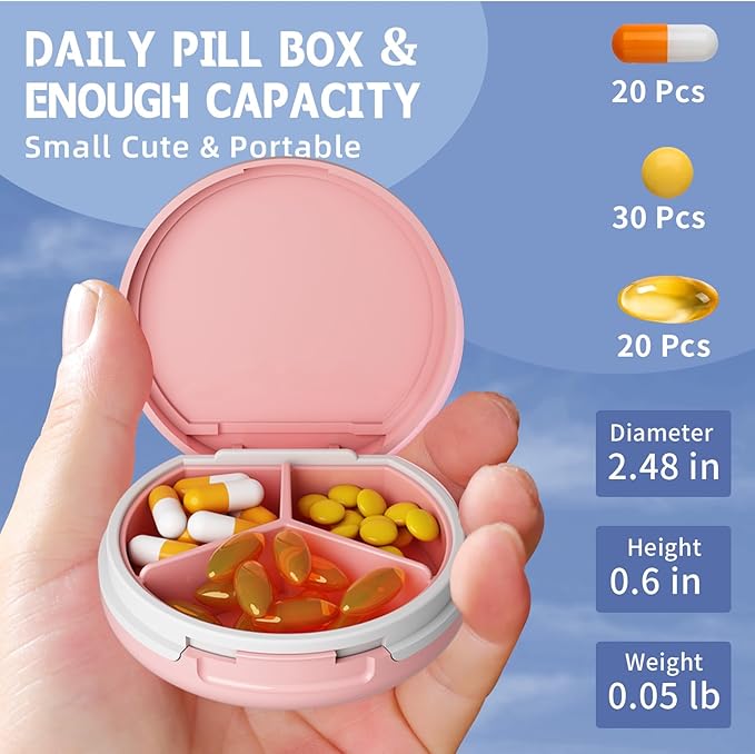 Serfeymi Small Pill Box - 3 Compartments Portable Pill Box for Purse Pocket, Compact Mini Travel Pill Case - Suitable for Medicine, Vitamin, Fish Oil, Supplements - White(Marble)