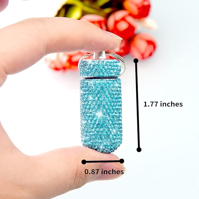 Yuchew Bling Pill Case Pill Container Rhinestone Pill Box Portable Waterproof Pocket Pill Holder Storage Bottle with Keychain for Travel, Outdoor, Camping (Lake Blue)
